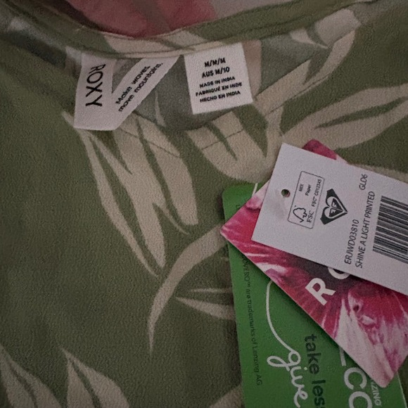 Roxy‎ Dress Green White Leaf Print Spaghetti Strap Midi ALine Casual Womens M - Picture 4 of 8